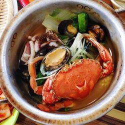 Directly above shot of seafood in bowl on table