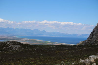 Scenic view of sea and mountains against sky