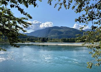 Scenic view of lake and mountains against sky