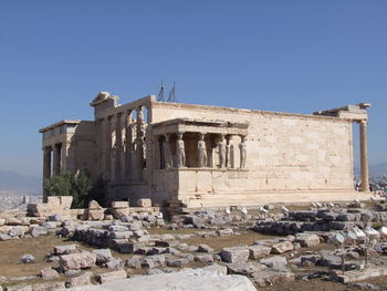 Low angle view of built structure against clear blue sky