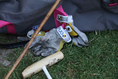 High angle view of stuffed toy on field