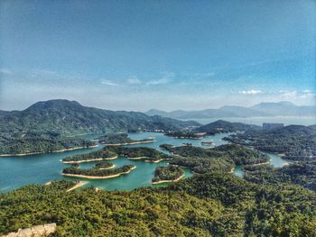 High angle view of bay against sky