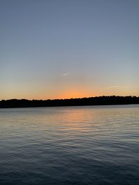 Scenic view of lake against clear sky during sunset