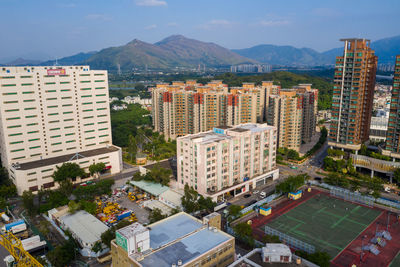 High angle view of buildings in city