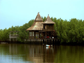 Built structure by lake against sky