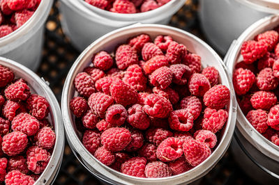 High angle view of strawberries for sale