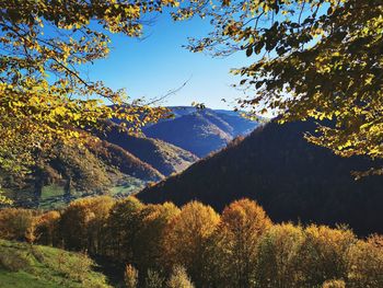 Scenic view of mountains against sky during autumn