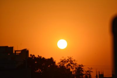 Silhouette trees against orange sky