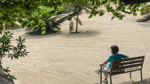 Rear view of woman sitting on bench in park