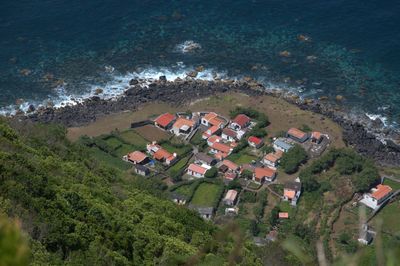 High angle view of houses on seashore