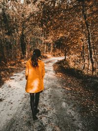 Rear view of woman walking in forest