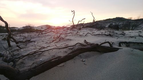 Scenic view of mountains against sky at sunset