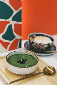 High angle view of soup in bowl on table