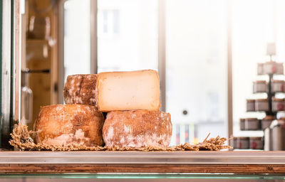 Close-up of bread on glass window