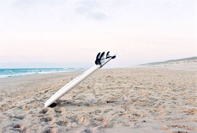 Surfboard at beach against sky