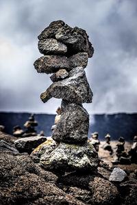 Close-up of stone stack on rock