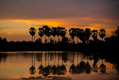 Silhouette trees by lake against sky during sunset