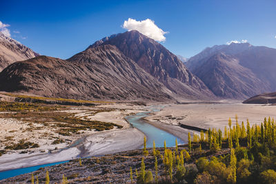 Scenic view of lake by mountains against sky