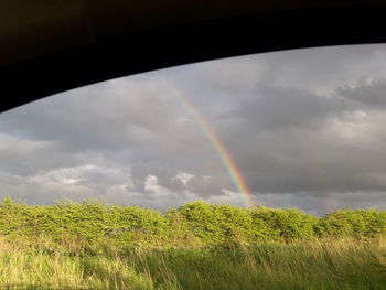 Scenic view of field against rainbow in sky