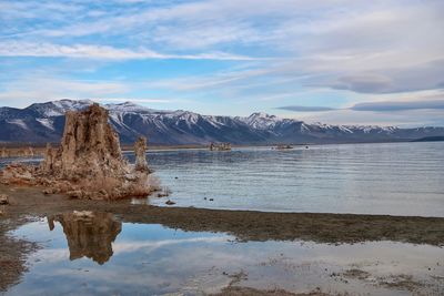 Scenic view of lake by mountains against sky