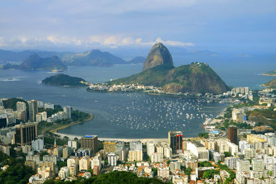 Stunning aerial view of rio de janeiro with the famous sugarloaf mountain, rio de janeiro, brazil