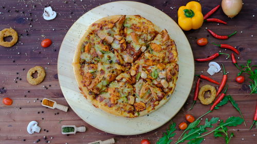 High angle view of pizza on table