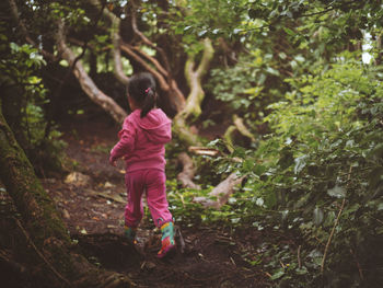 Full length rear view of girl walking in forest