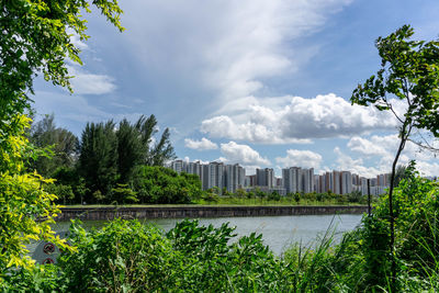 Scenic view of lake by buildings against sky