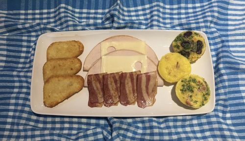 High angle view of breakfast served on table