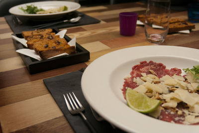 Close-up of food served in plate on table