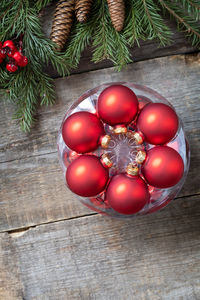 High angle view of christmas decorations on table