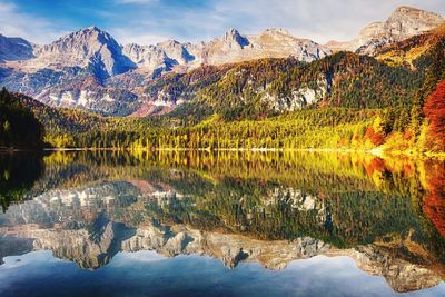 Scenic view of lake and mountains against sky