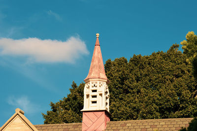 Low angle view of trees and building roof against sky