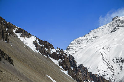 Scenic view of snowcapped mountains against blue sky