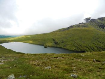 Scenic view of lake and mountains against sky