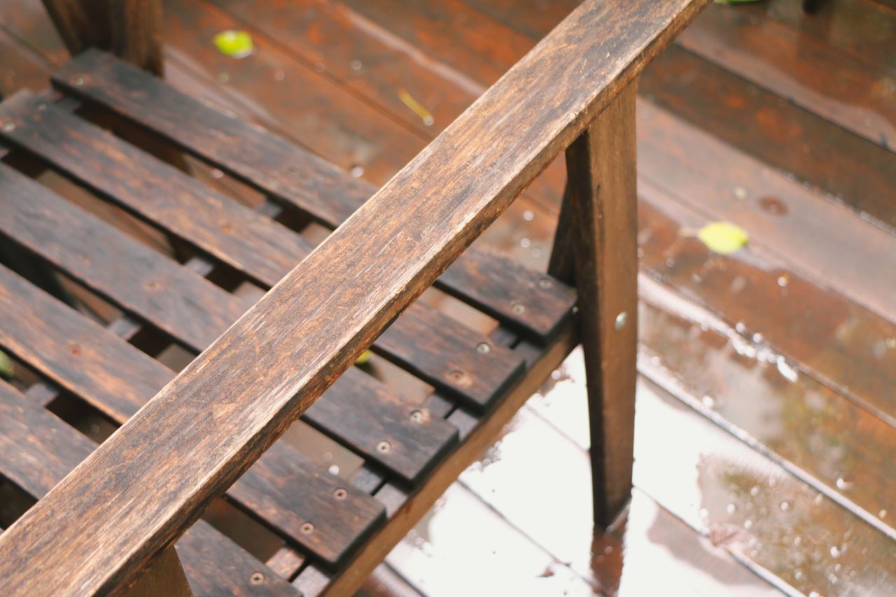 wood - material, seat, bench, no people, focus on foreground, metal, day, high angle view, close-up, railing, absence, nature, outdoors, wood, empty, table, chair, pattern, sunlight, park bench