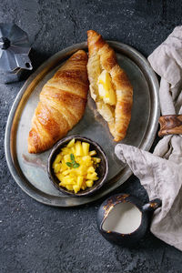 High angle view of food in plate on table