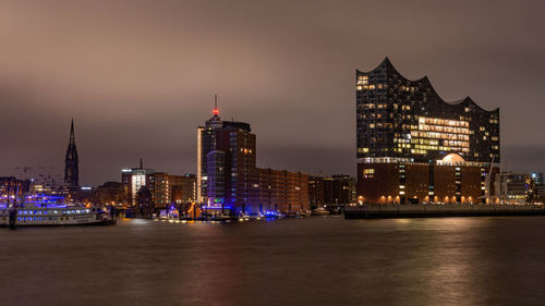 Elbphilharmonie at the waterfront illuminated  at night