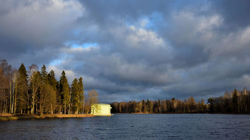 Scenic view of lake by trees against sky