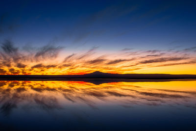 Scenic view of lake against romantic sky at sunset