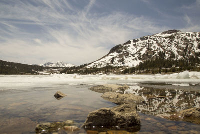 Scenic view of lake by snowcapped mountains against sky