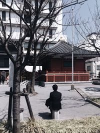 Rear view of man walking in temple