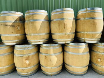 Close-up of stack of wine bottles