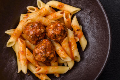 High angle view of food in plate on table