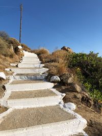 Low angle view of road amidst plants against clear sky