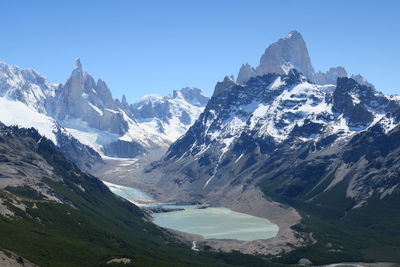 Scenic view of snowcapped mountains against clear sky