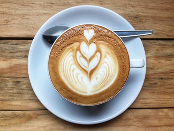 Directly above shot of cappuccino served on table