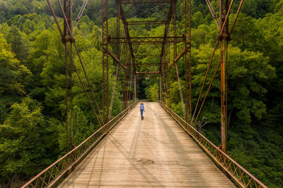 Man walking on footbridge in forest