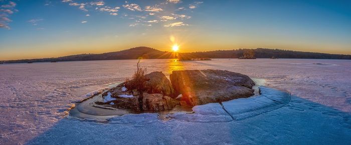 Scenic view of snow covered landscape during sunset