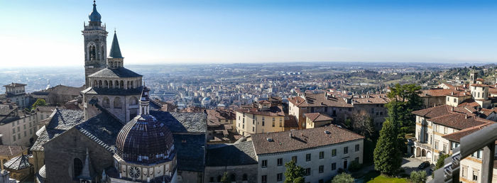 Extra wide aerial view of bergamo alta from the tower of campanone